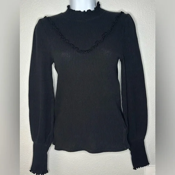 Free People Women’s Black Ribbed Ruffle Mock Neck Sweater Size S/P - Picture 2 of 9